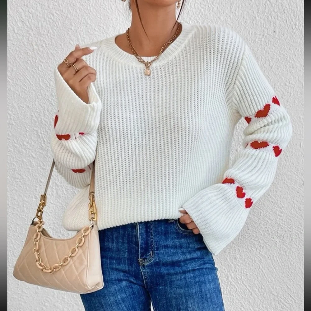 Cozy white hearts print sleeve sweater top - Picture 13 of 13